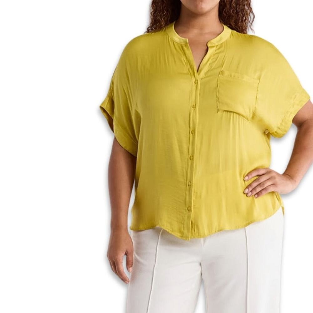 Industry Republic Top Airflow Fabric Button Up Short Sleeves Yellow Green M NWT